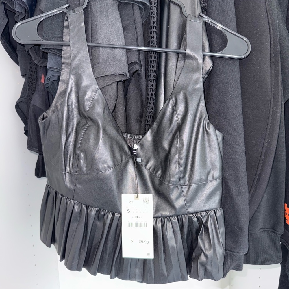 Black Faux Leather Pleated Crop Top